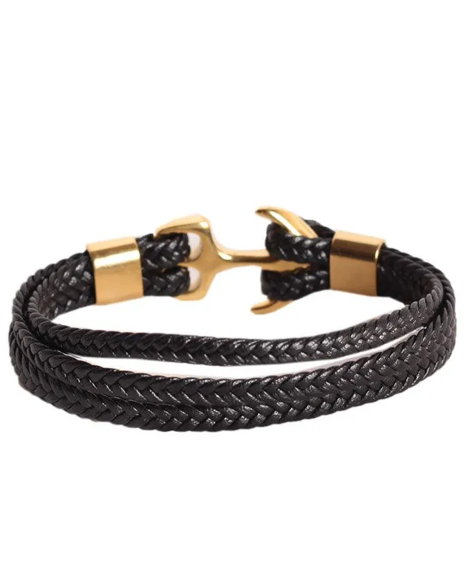 Seven London 3 Pack plaited Leather Wrap Anchor Bracelet In Gold