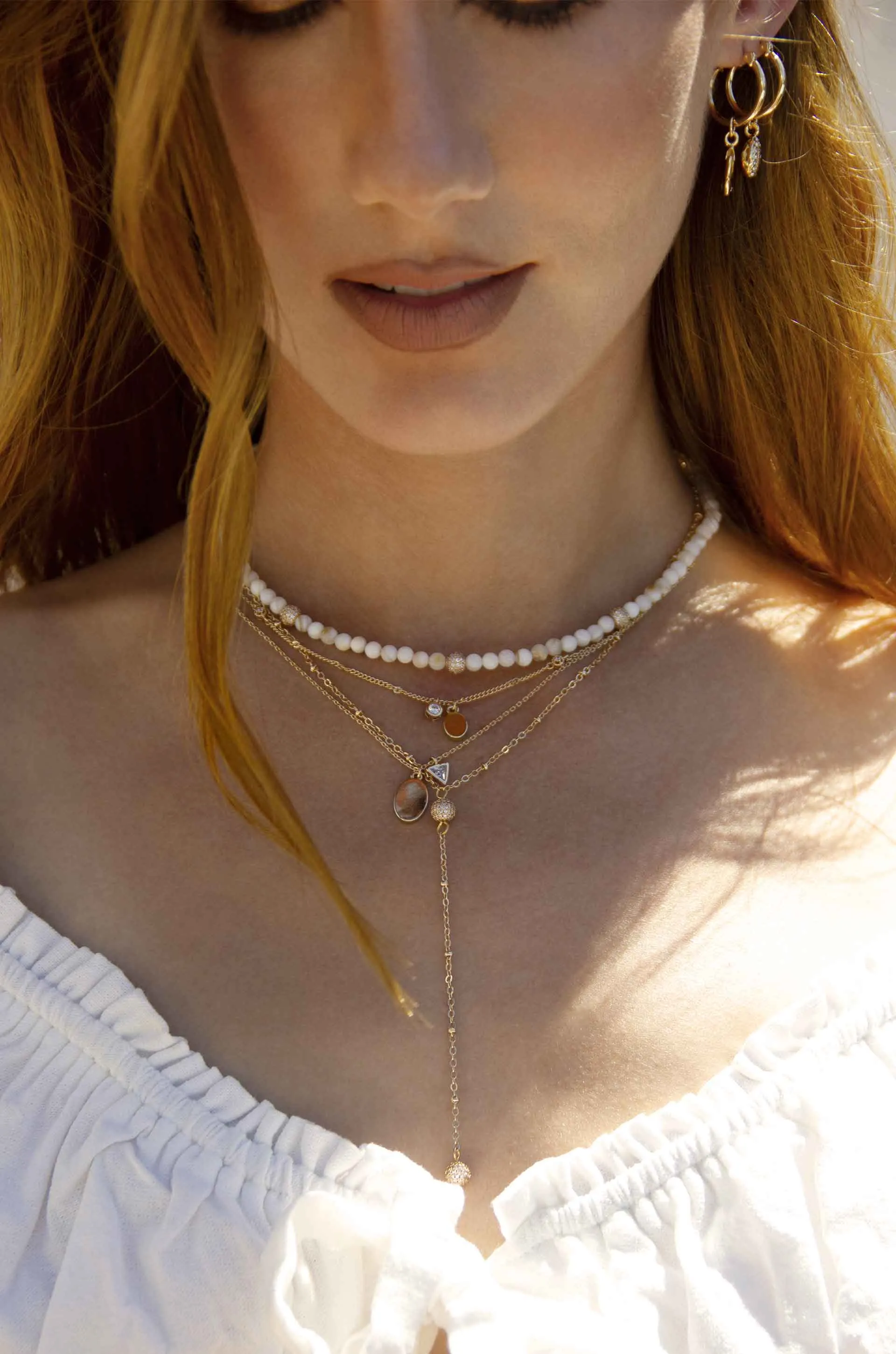 Shell Bead and Crystal Lariat Necklace Set