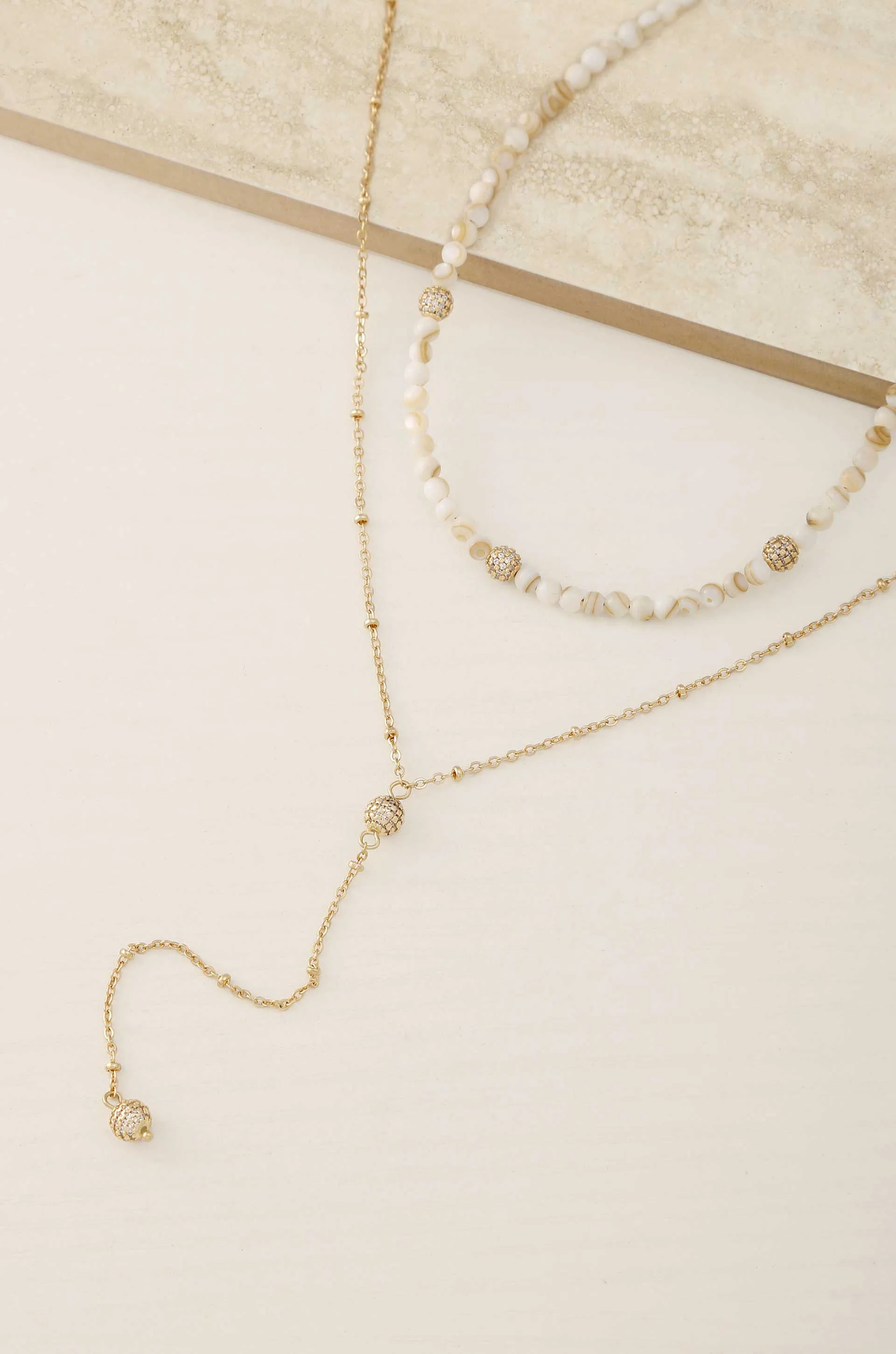 Shell Bead and Crystal Lariat Necklace Set