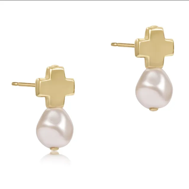 SIGNATURE CROSS GOLD STUD- PEARL