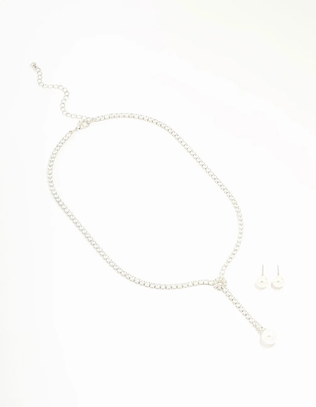 Silver Cubic Zirconia Pearl Y-Necklace & Earrings Set