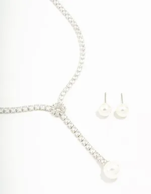 Silver Cubic Zirconia Pearl Y-Necklace & Earrings Set