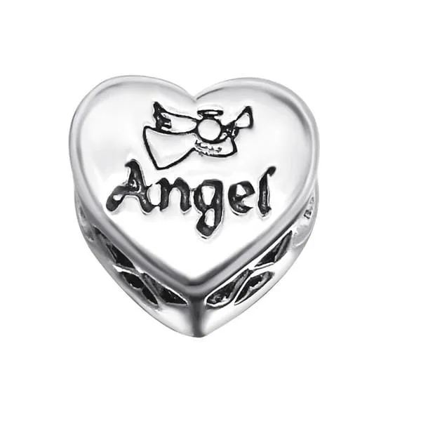 Silver Heart Angel Charm Bead