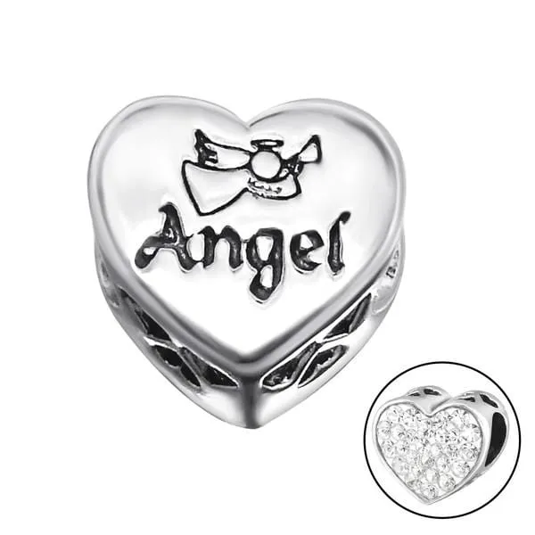 Silver Heart Angel Charm Bead