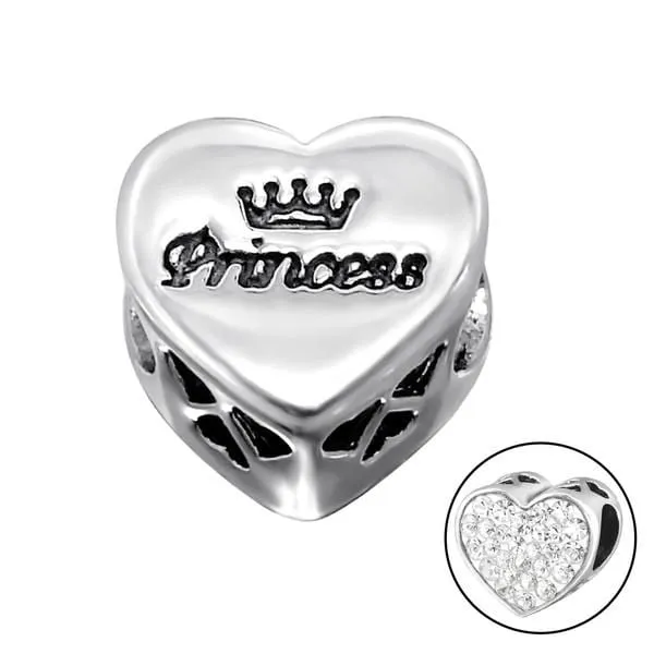 Silver Heart Princess Charm Bead