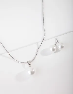 Silver Large Pearl Stud Necklace Earrings Set