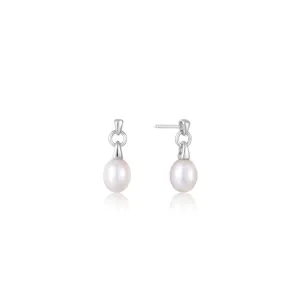 Silver Pearl Drop Stud Earrings