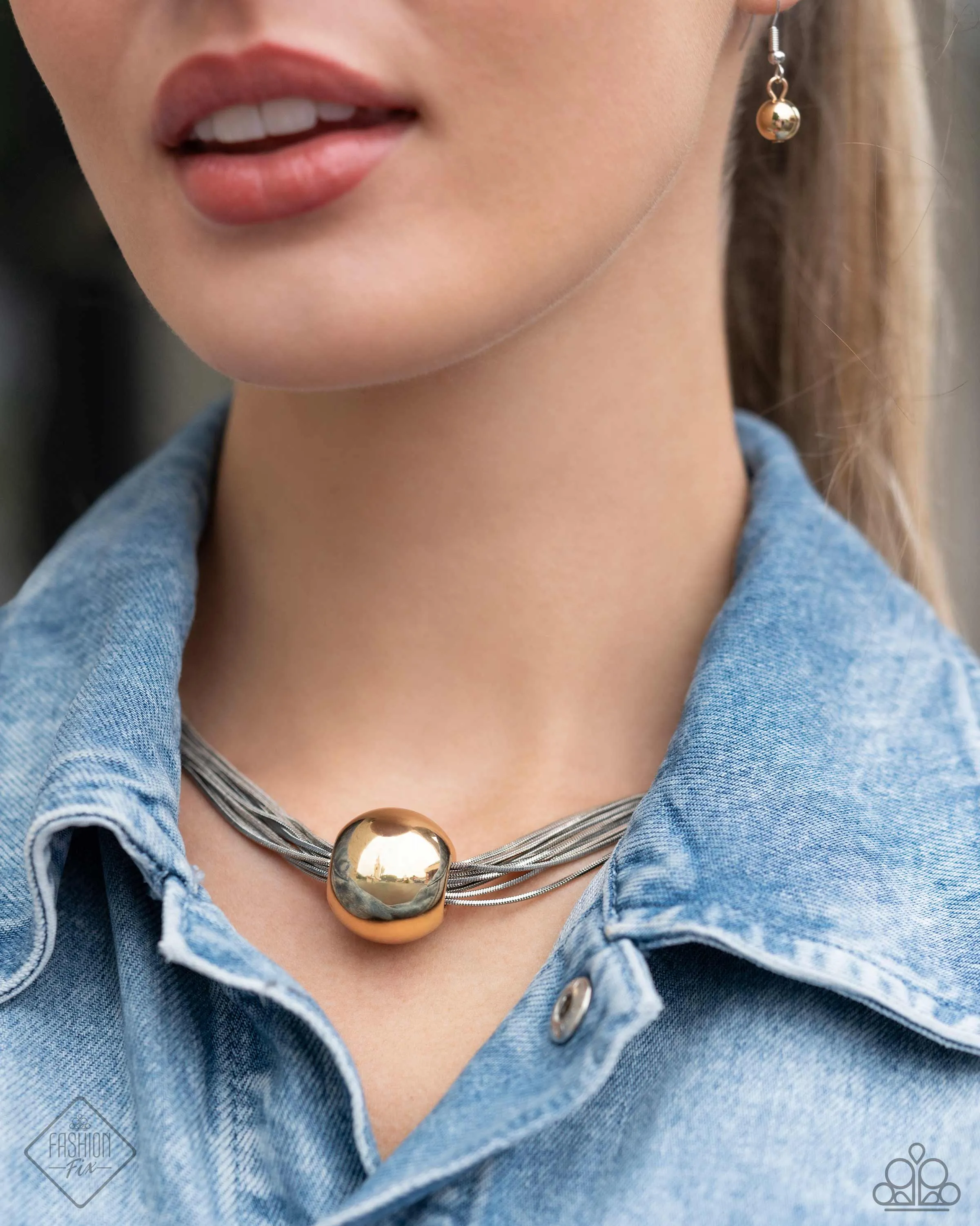 Sizzling Strands - Multi - Silver Snake Chain Oversized Gold Bead Paparazzi Short Necklace - April 2024 Magnificent Musings Fashion Fix