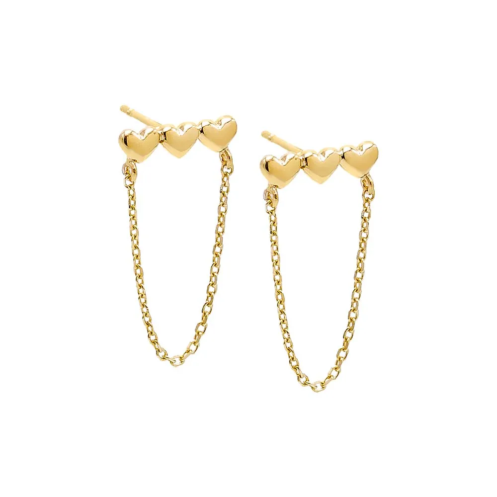 Solid Triple Heart Drop Chain Stud Earring 14K