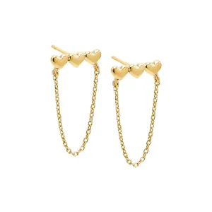 Solid Triple Heart Drop Chain Stud Earring 14K
