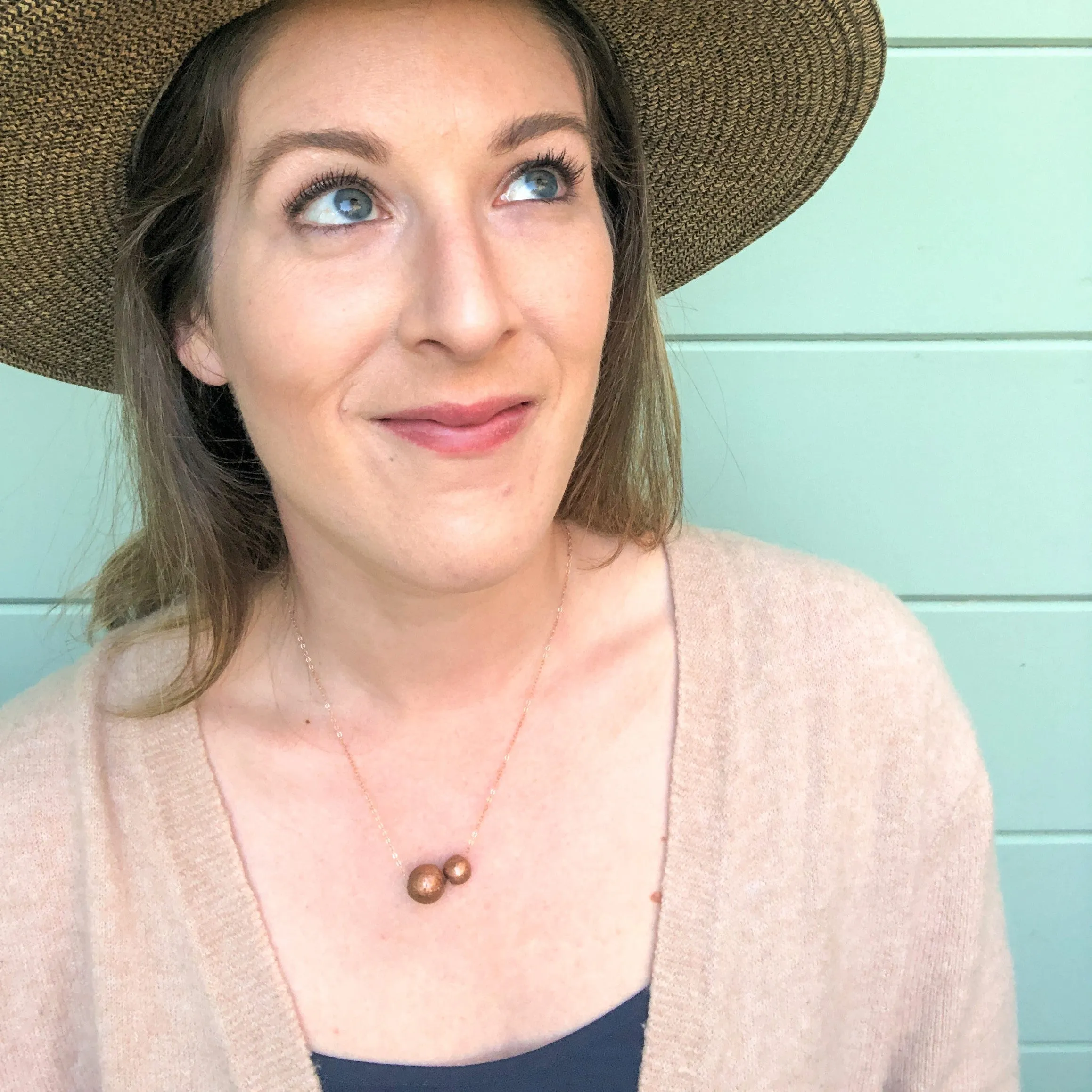 Stacking Charm Necklace with Two Handmade Rose Gold Paper Beads on Chain