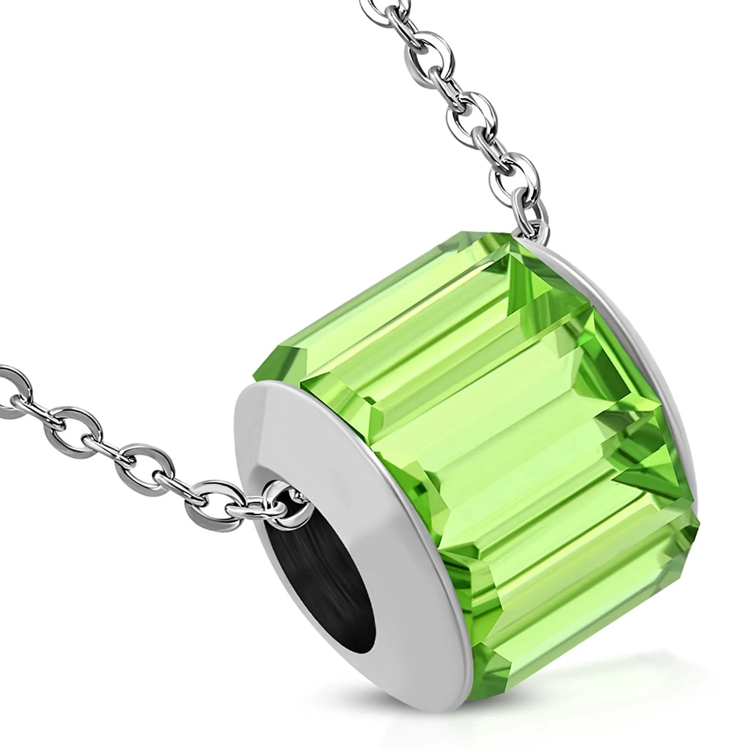 Stainless Steel Bead Barrel Baguette Crystals Charm Link Chain Necklace Pendant