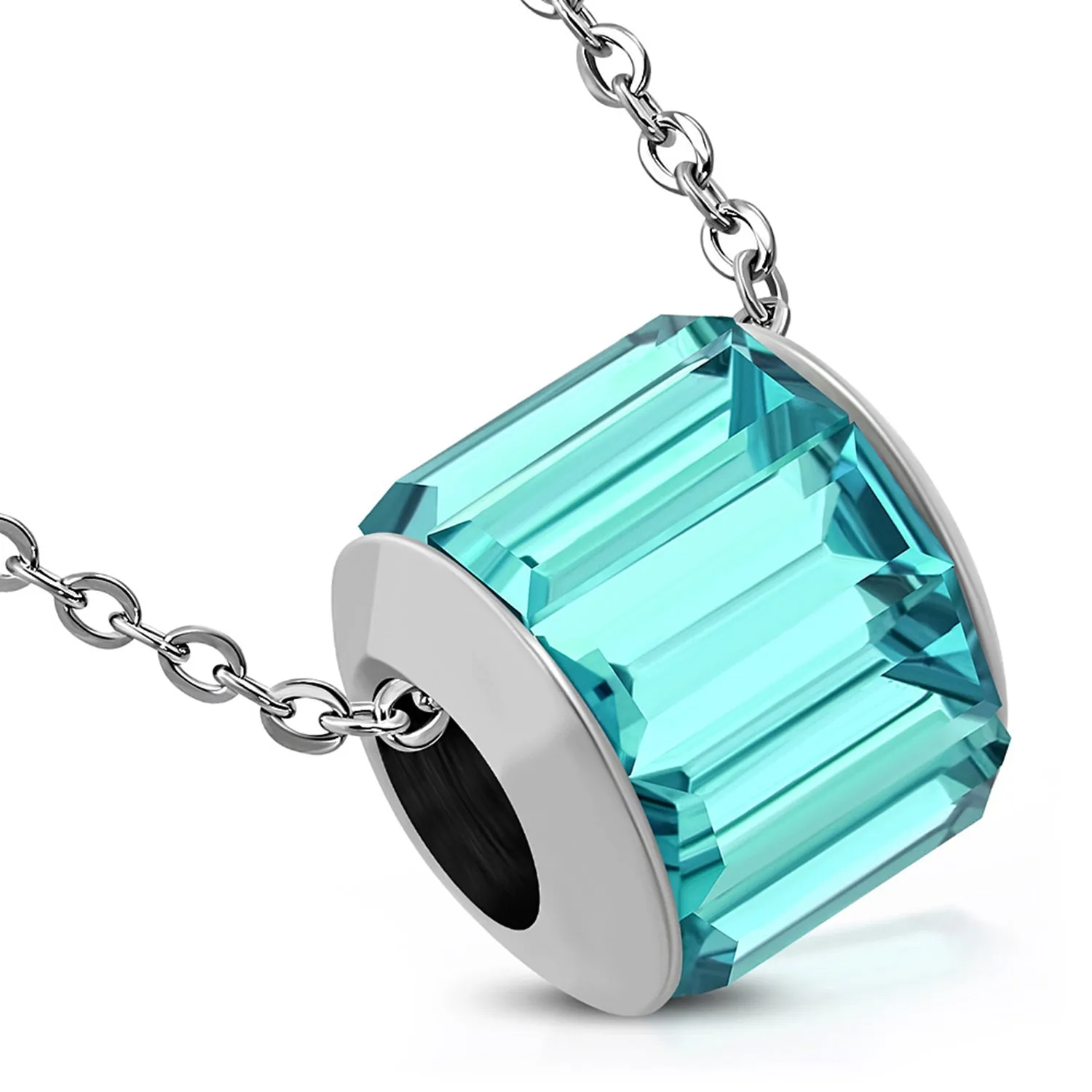 Stainless Steel Bead Barrel Baguette Crystals Charm Link Chain Necklace Pendant
