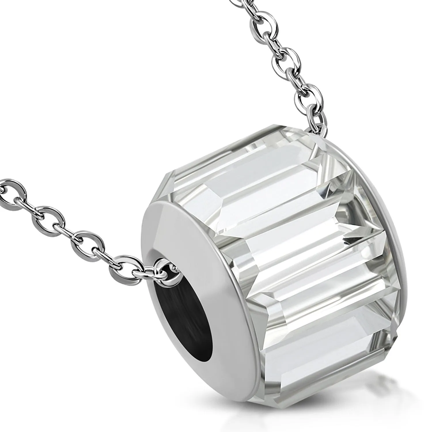 Stainless Steel Bead Barrel Baguette Crystals Charm Link Chain Necklace Pendant