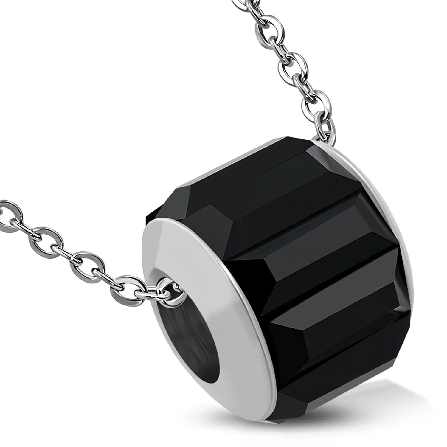 Stainless Steel Bead Barrel Baguette Crystals Charm Link Chain Necklace Pendant