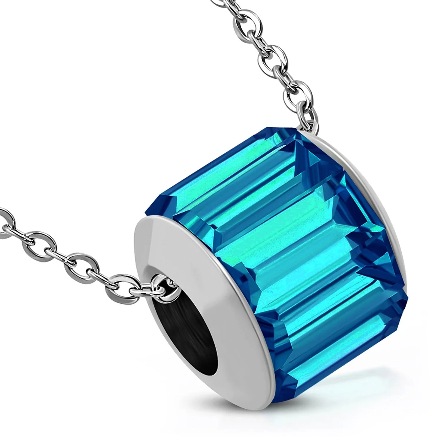 Stainless Steel Bead Barrel Baguette Crystals Charm Link Chain Necklace Pendant