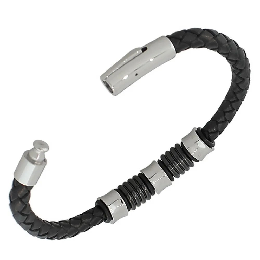 Stainless Steel Black Faux PU Leather Silver-Tone Men's Bracelet