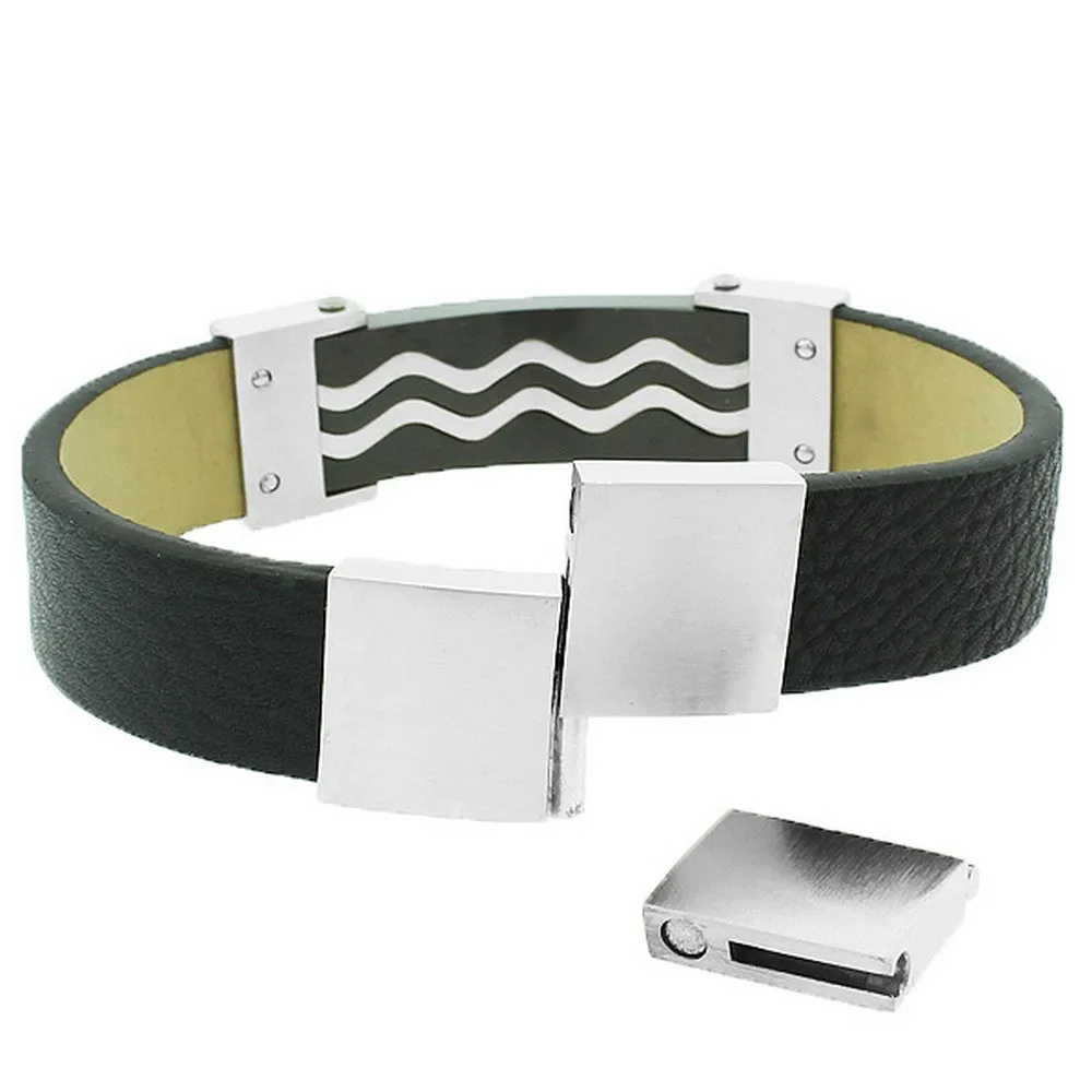 Stainless Steel Black Leather Silver-Tone Waves Design Men's Adjustable Bracelet