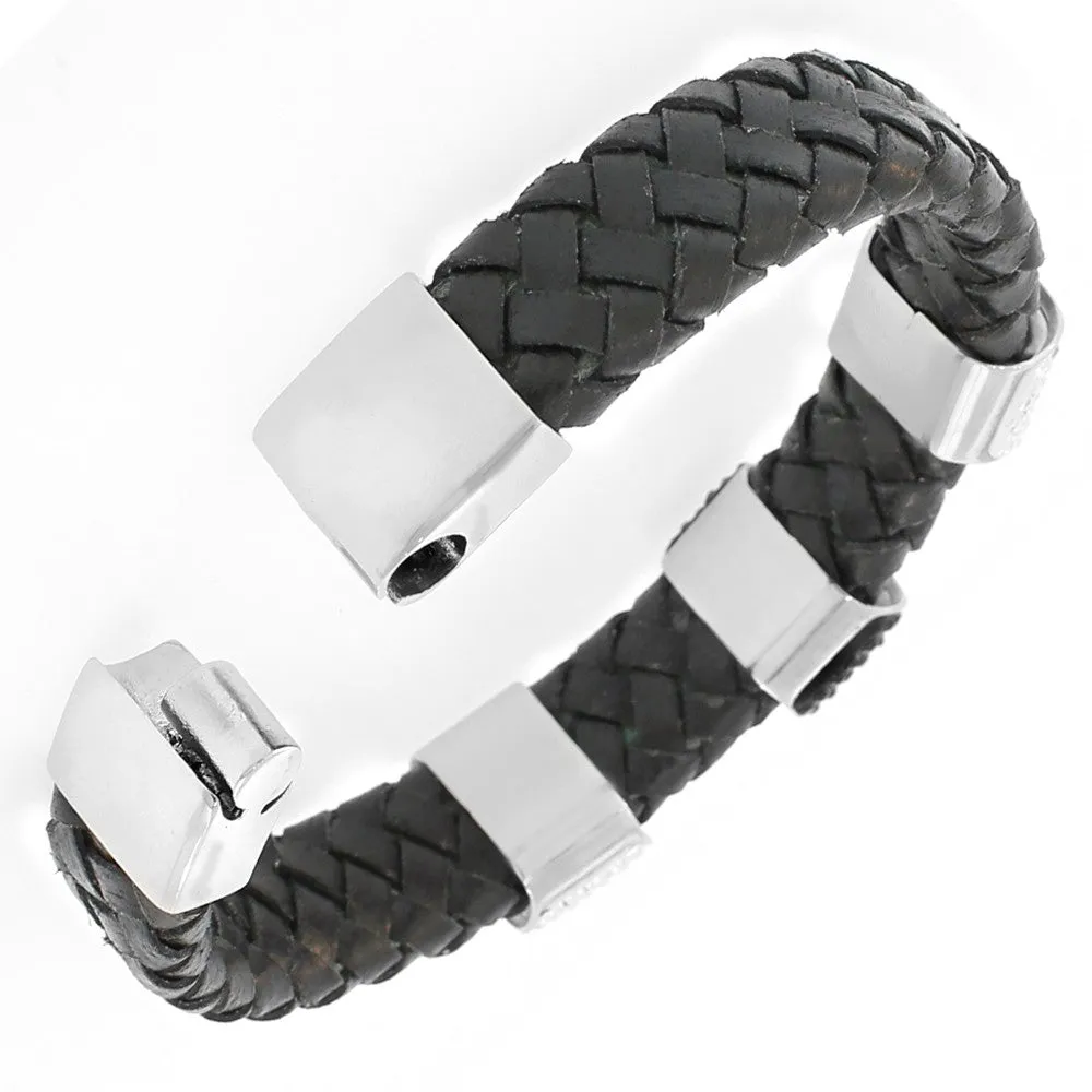 Stainless Steel Black Leather Silver-Tone White Black CZ Men's Bracelet