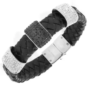 Stainless Steel Black Leather Silver-Tone White Black CZ Men's Bracelet