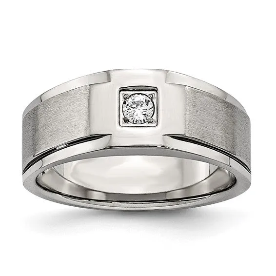Stainless Steel Brushed and Polished CZ Ring