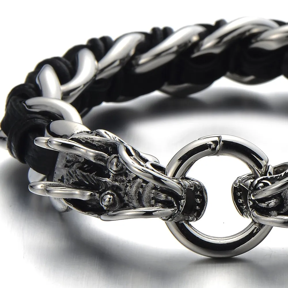 Stainless Steel Mens Dragon Curb Chain Bracelet Interwoven with Black Genuine Leather Strap