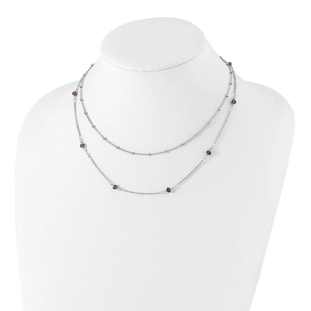 Stainless Steel Polished 2-Strand Purple Crystal Beaded w/1in ext. Necklace
