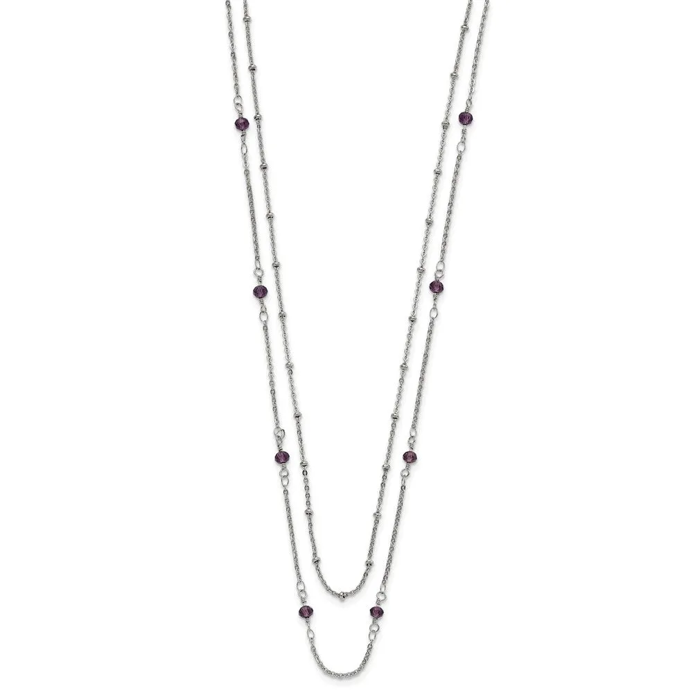 Stainless Steel Polished 2-Strand Purple Crystal Beaded w/1in ext. Necklace