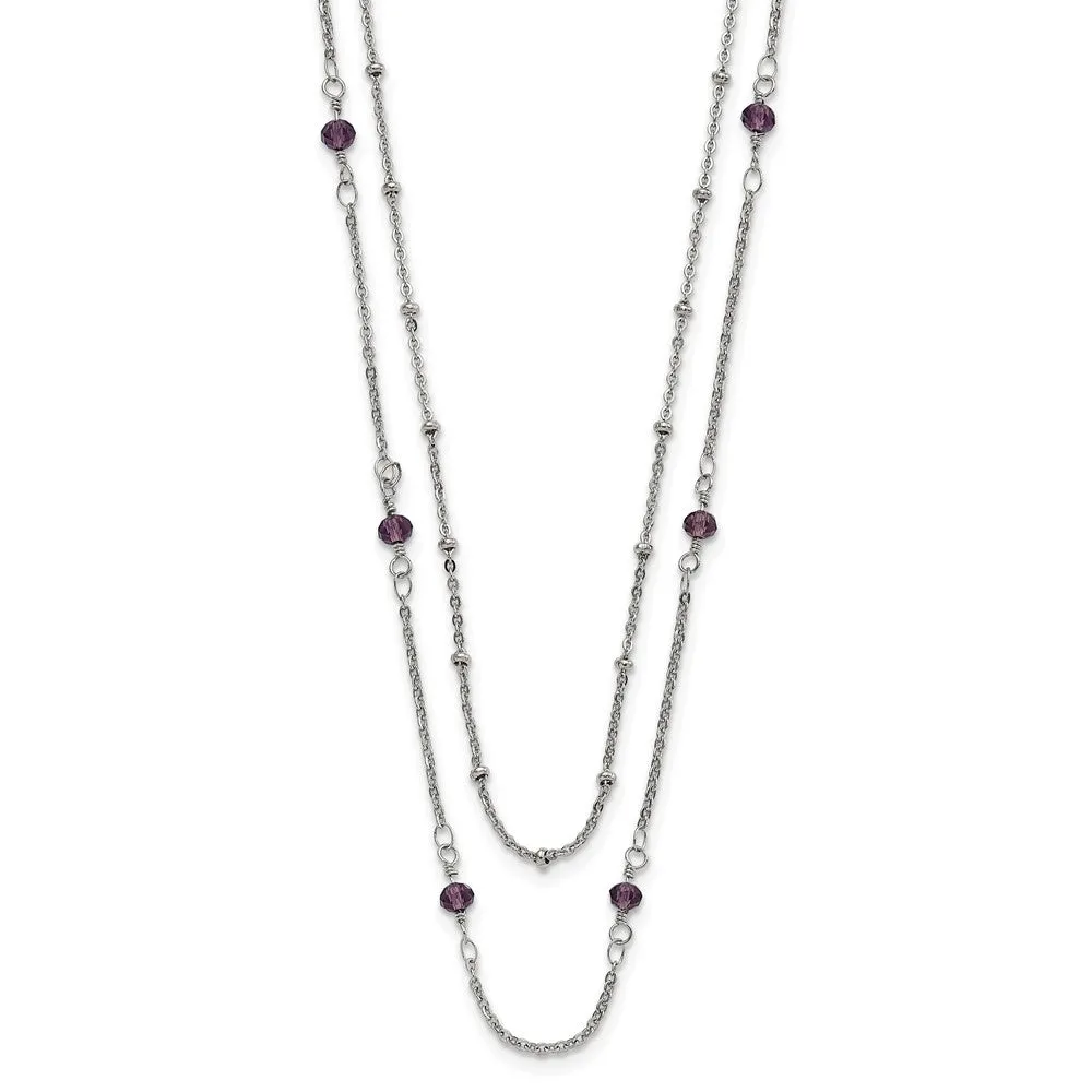 Stainless Steel Polished 2-Strand Purple Crystal Beaded w/1in ext. Necklace