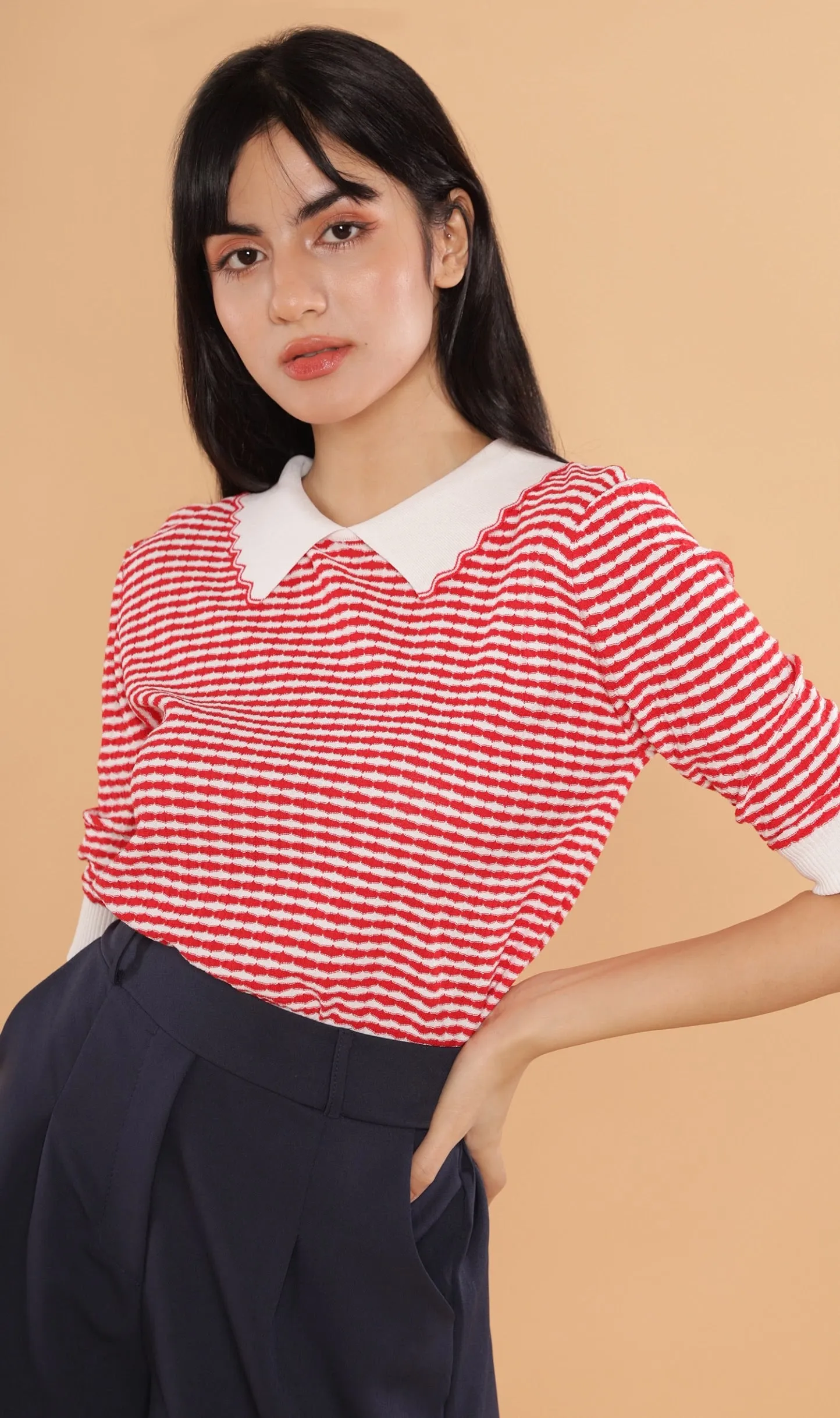 STEFANI Collared Knit Top (Red)