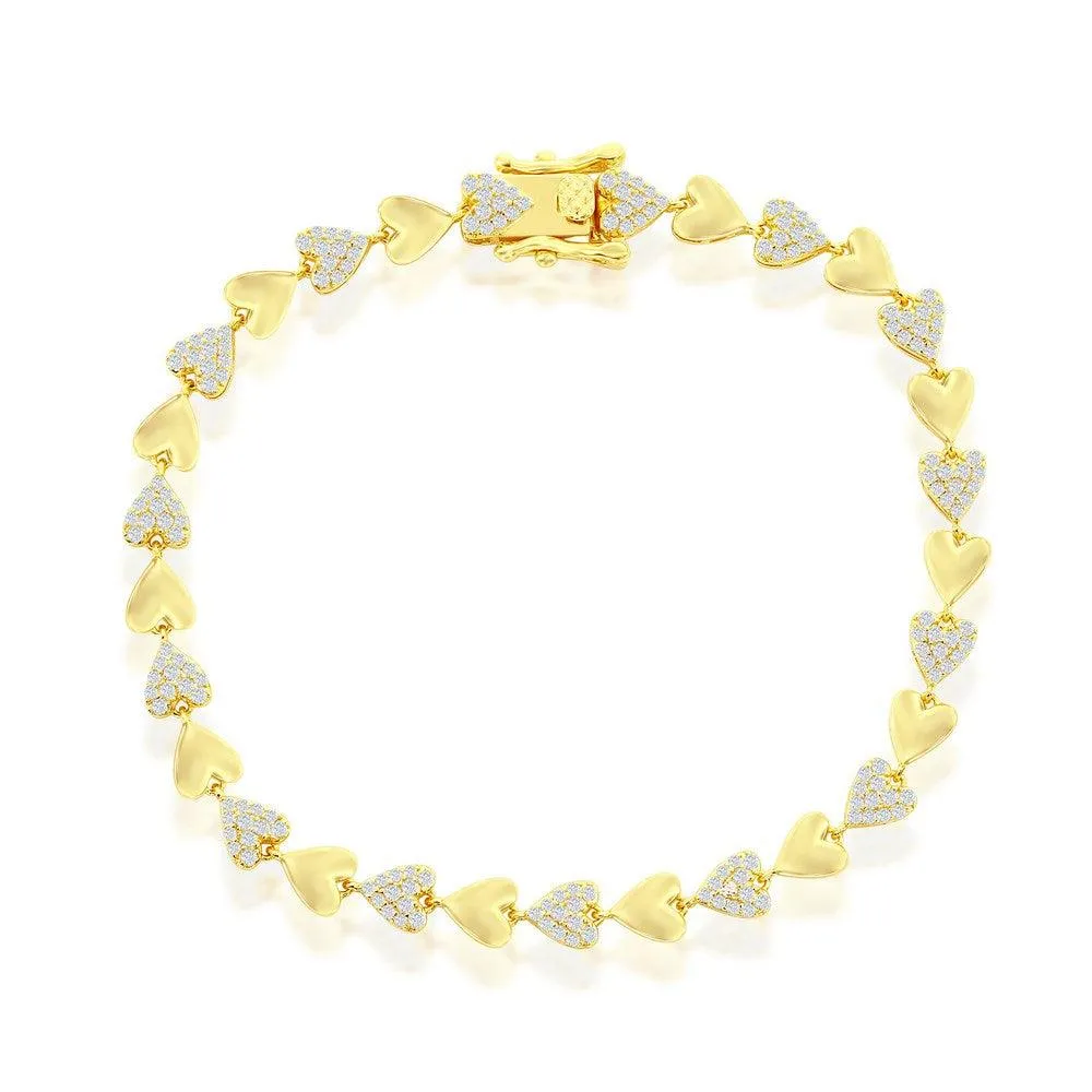 Sterling Silver Alternating Polished & Micro Pave CZ Heart Bracelet