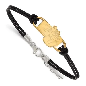 Sterling Silver Gold-plated Gonzaga University G-U Bulldog Small Center Black Leather 7 inch Bracelet with Extender