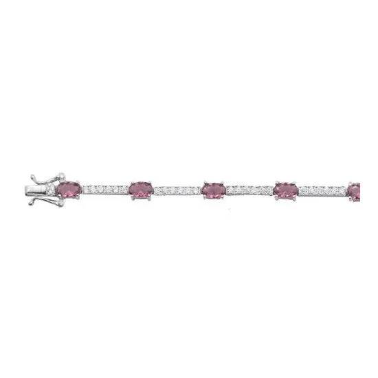 Sterling Silver Rhodium Plated CZ Simulated Pink Topaz Tennis Bracelet
