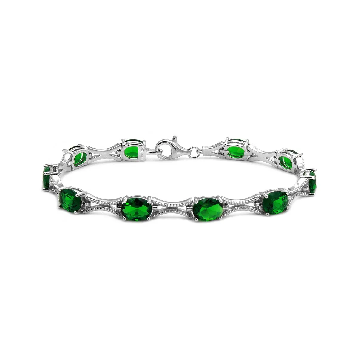 Sterling Silver Rhodium Plated Green Oval CZ Tennis Bracelet