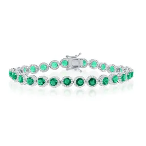 Sterling Silver Round Halo White & Emerald CZ Linked Bracelet