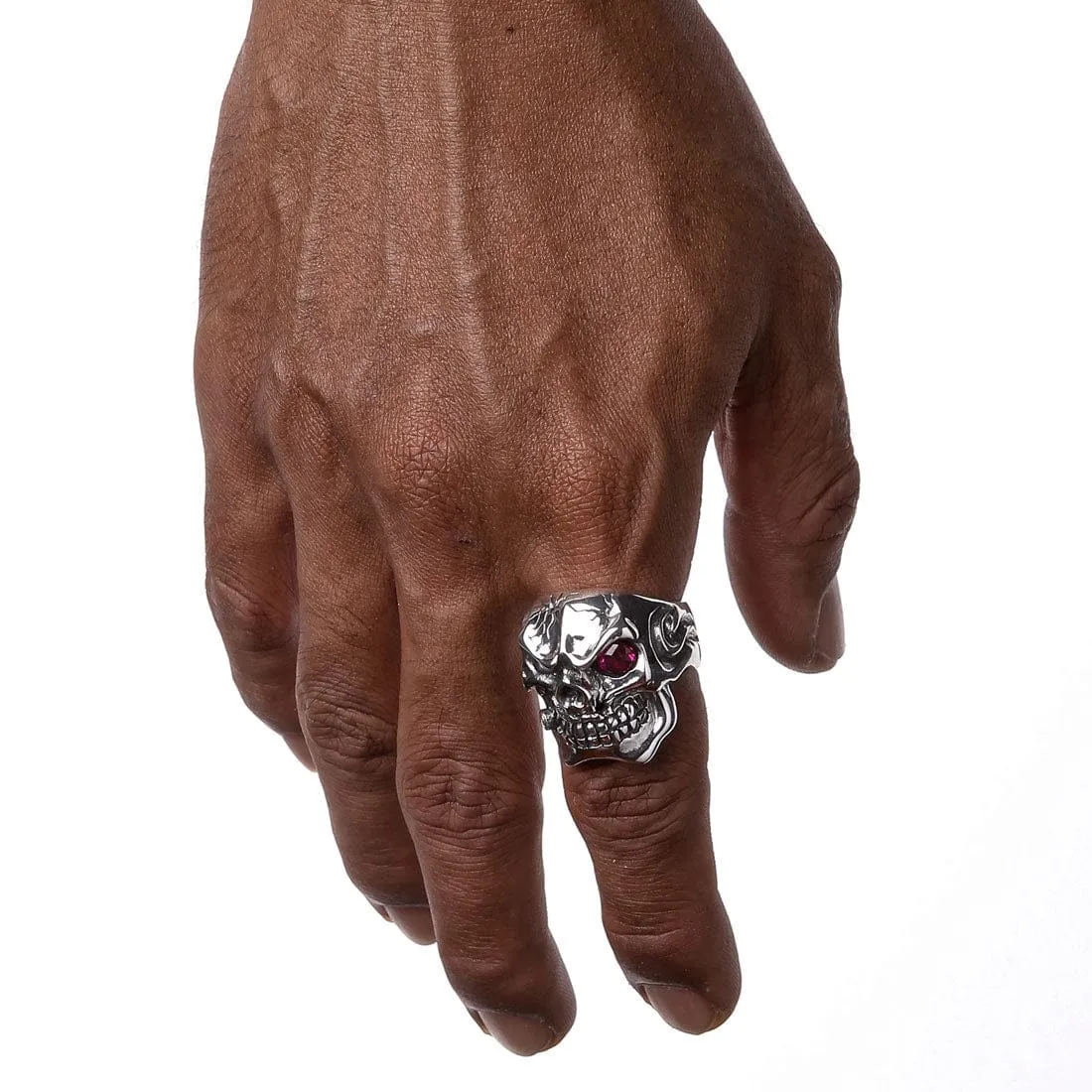 Sterling Silver Ruby Red Eye Mafia Skull Ring