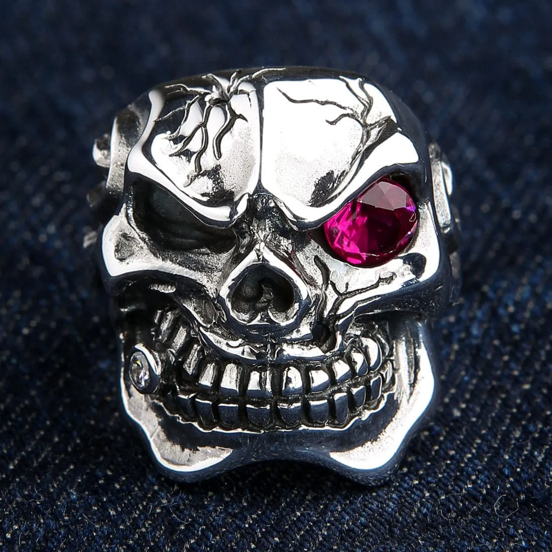 Sterling Silver Ruby Red Eye Mafia Skull Ring