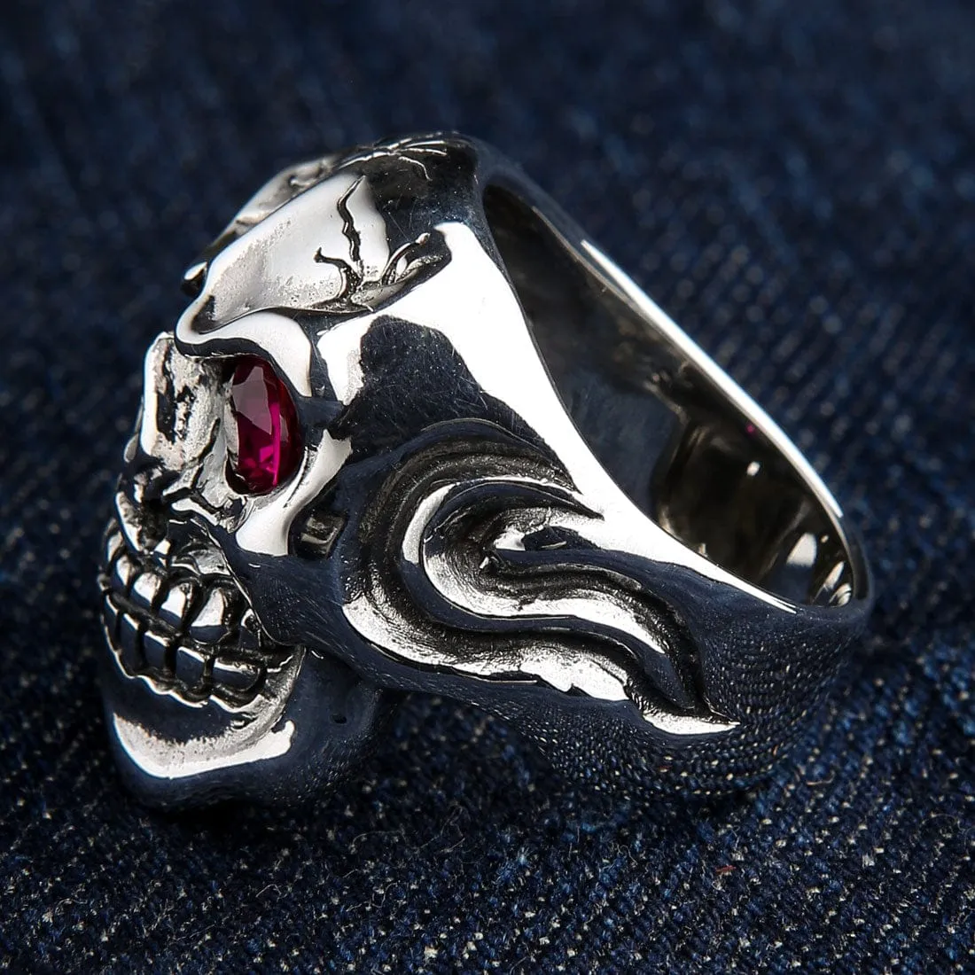 Sterling Silver Ruby Red Eye Mafia Skull Ring