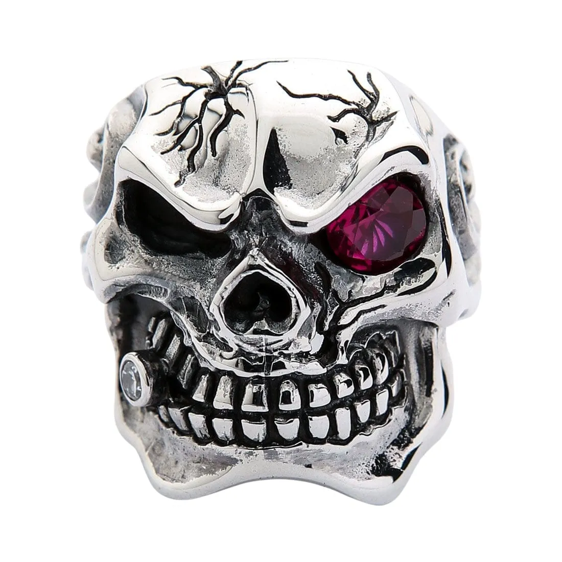 Sterling Silver Ruby Red Eye Mafia Skull Ring