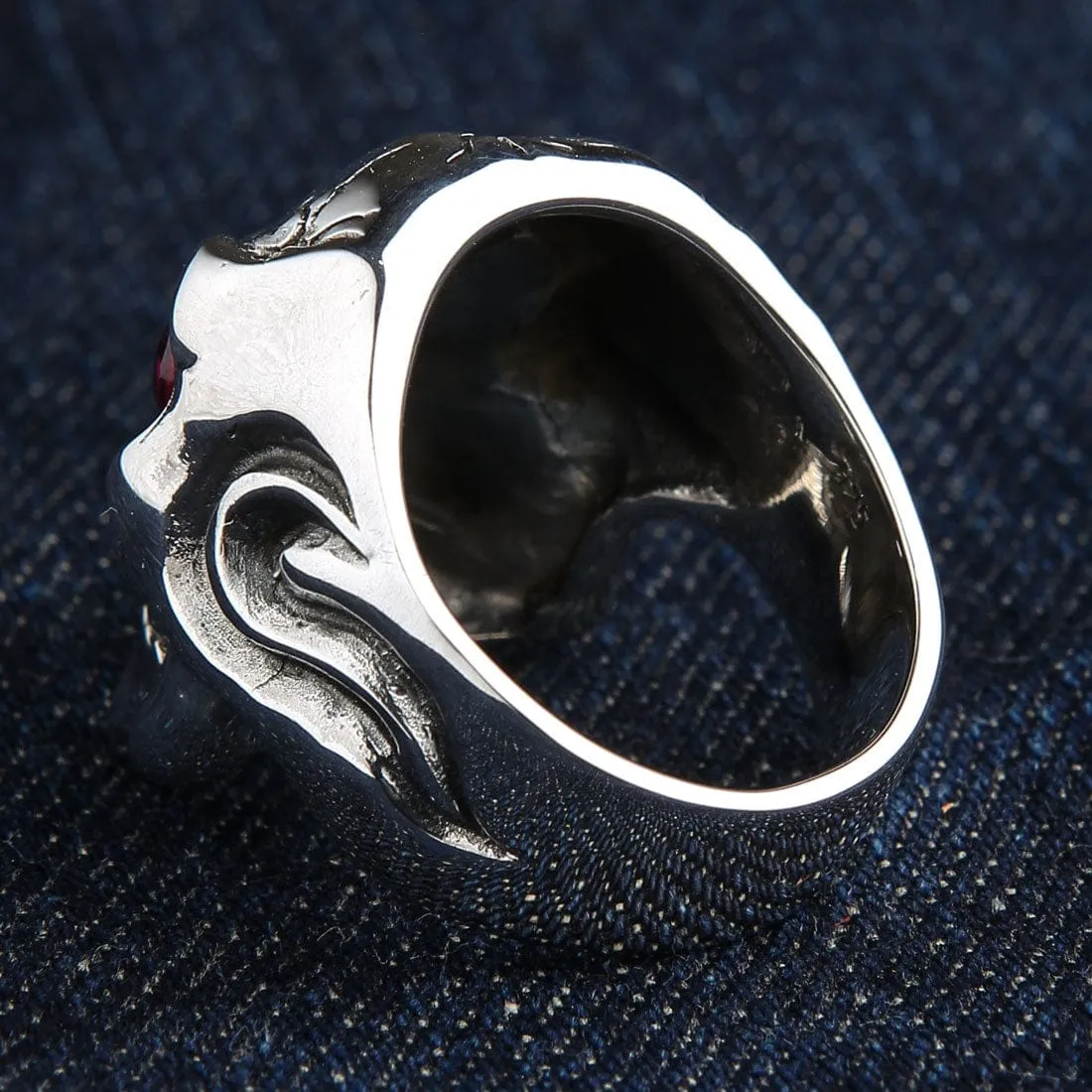 Sterling Silver Ruby Red Eye Mafia Skull Ring