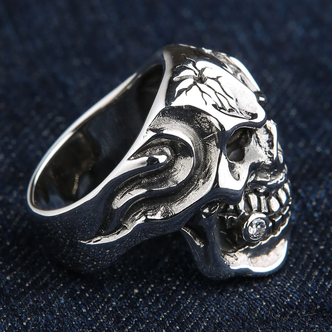 Sterling Silver Ruby Red Eye Mafia Skull Ring