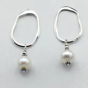 Sterling Silver wavy hoop stud earrings with white freshwater pearl dangles