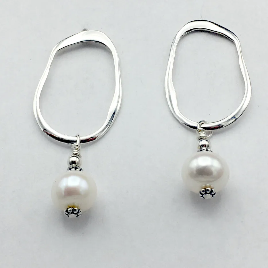 Sterling Silver wavy hoop stud earrings with white freshwater pearl dangles