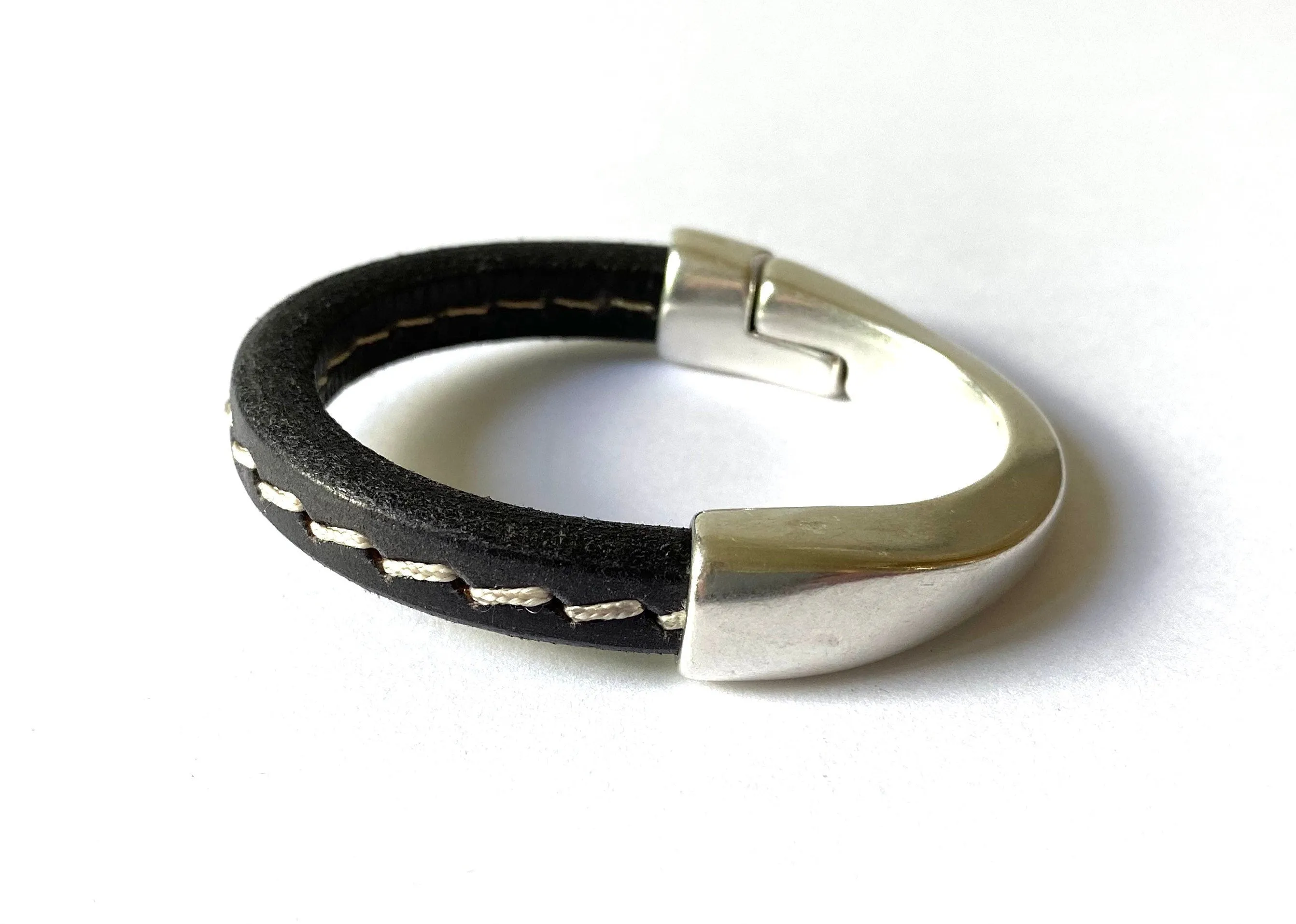 Stitched Black Thick Leather Bracelet w/ Silver Half Cuff Magnetic Clasp