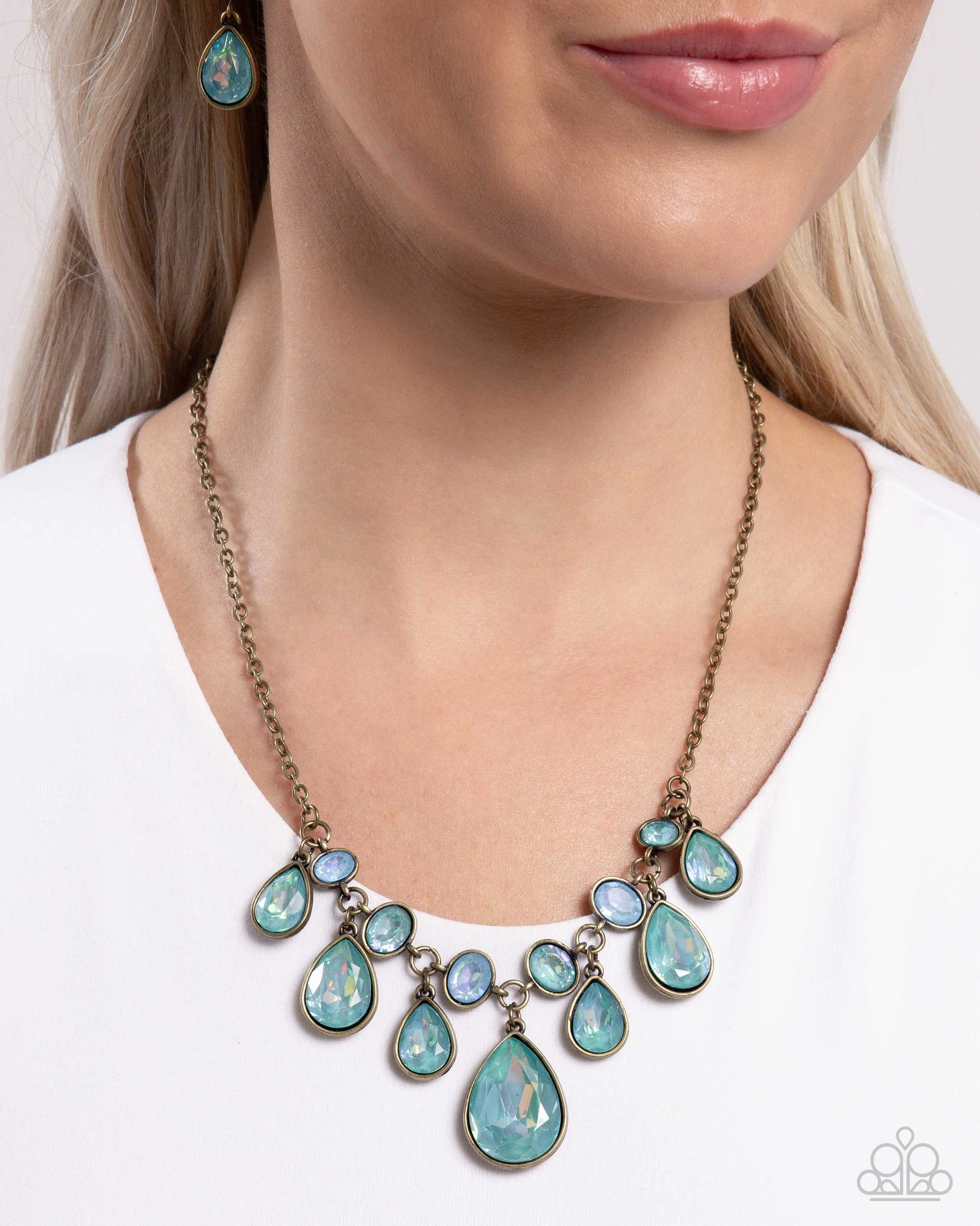 Talented Teardrops - Brass - UV Blue Gem Paparazzi Short Necklace