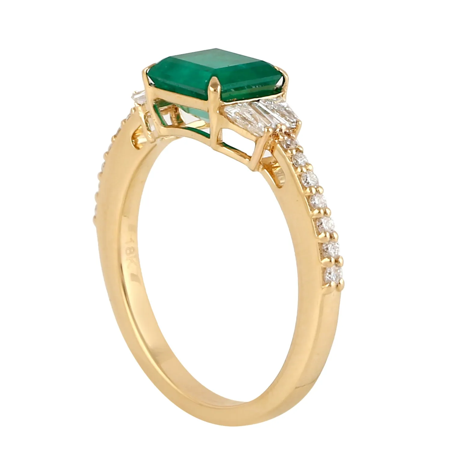Tapered Baguette Diamond Octagon Cut Emerald Designer Ring In 18K Yellow Gold