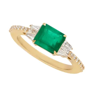Tapered Baguette Diamond Octagon Cut Emerald Designer Ring In 18K Yellow Gold