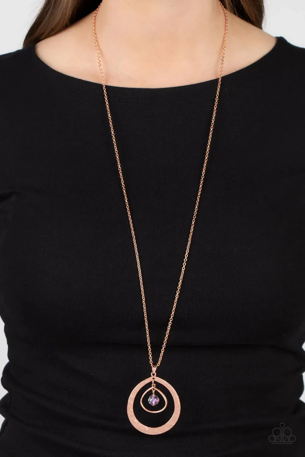 Tasteful Teardrops - Copper Necklace (with an iridescent peach crystal-like bead)