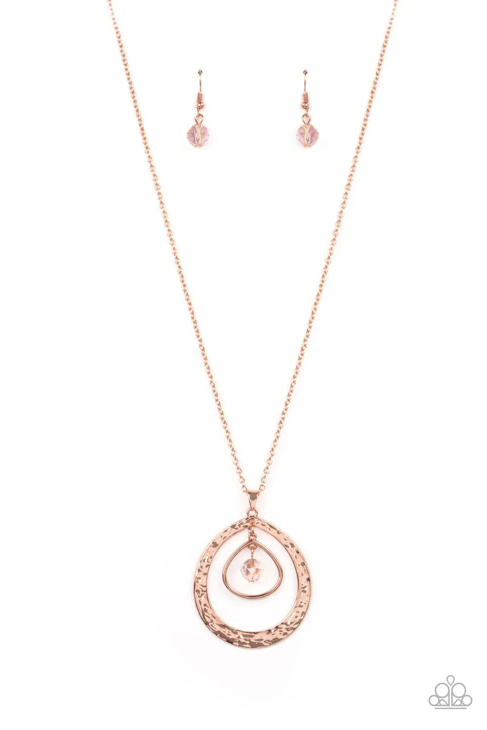 Tasteful Teardrops - Copper Necklace (with an iridescent peach crystal-like bead)