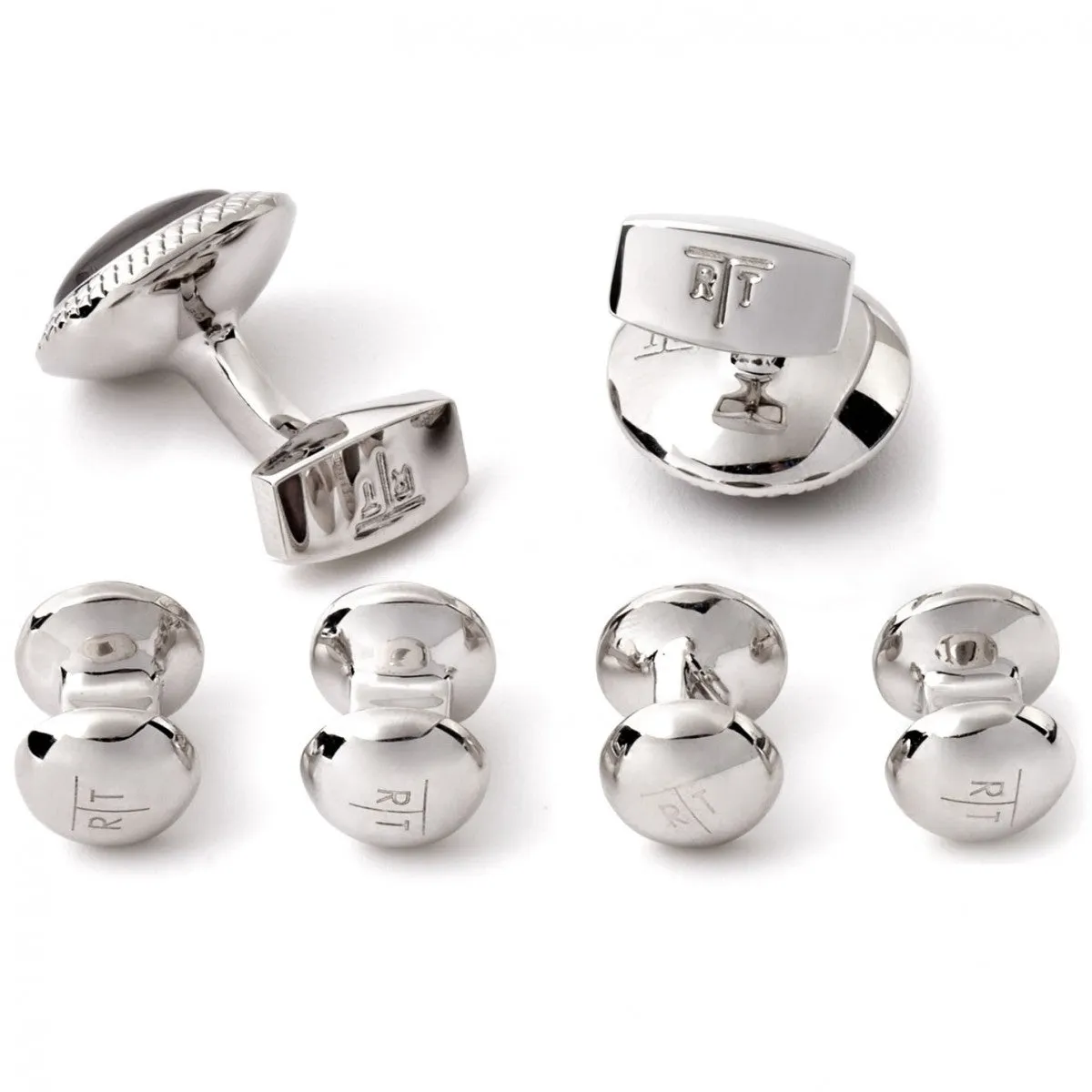 Tateossian Black Mother of Pearl Cufflinks and Studs in Rhodium Silver Case